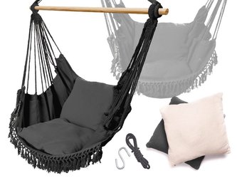 Brazilské závěsné  houpací křeslo černé s třásněmi, dřevěnou tyčí a polštáři