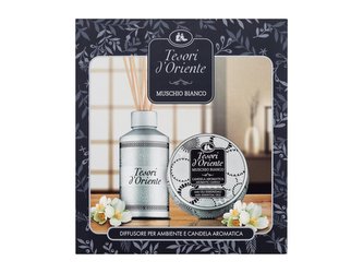 Tesori d´Oriente Muschio Bianco svíčka 109 g + difuzér s ratanovými tyčinkami 250 ml