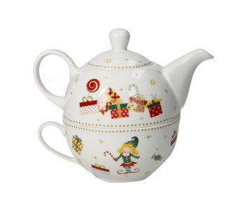 Vánoční porcelánová konvička s hrnkem bílý ELFOMAGIA BRANDANI