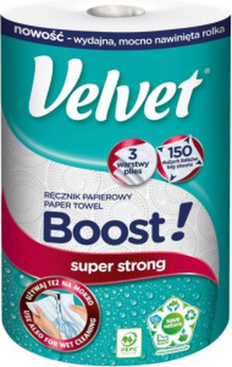 Velvet Boost třívrstvé papírové ručníky, 150 útržků, 1 role