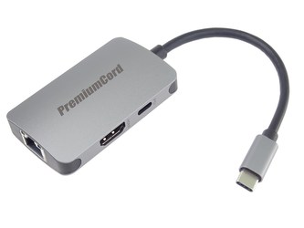 PREMIUMCORD Adaptér USB-C na HDMI + RJ45 + PD adaptér, hliníkové pouzdro