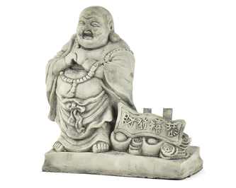 Zahradní betonová dekorace - Buddha Hotei s ingoty a mincemi štěstí