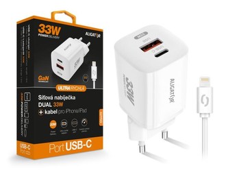 ALIGATOR chytrá síťová nabíječka GaN, PD 33W, USB-A + USB-C, kabel Lightning, bílá
