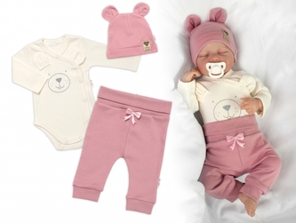 Zavinovací body dl.rukáv, tepláčky a čepička Little Bear, Baby Nellys, pudrová, vel. 62; 62 (2-3m)