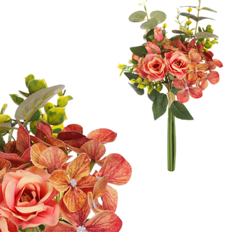 Růže a hortenzie v pugetu, oranžová barva.