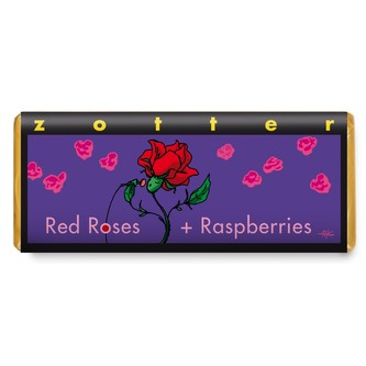 Zotter Bio plněná mléčná čokoláda Červené růže a maliny, 70 g