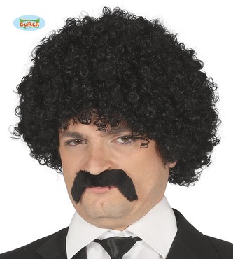 Pánská kadeřavá paruka a knírem - černá