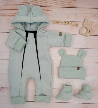 Oteplený dětský overal bez šlapek s kapucí, čepička + botičky, 3D, Kazum, mátový, vel. 74; 74 (6-9m)