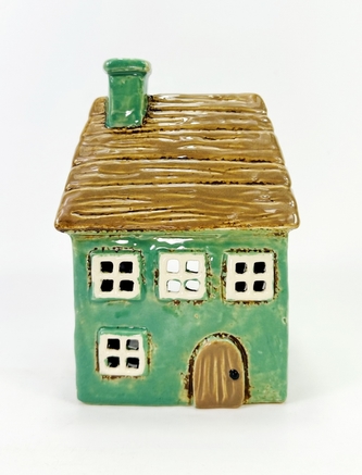 Keramický domek na čajovou svíčku, zelený 14x10x9 cm