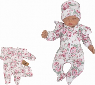 Z&Z 2-dílná soupravička overálek se šlapkama + čepička, Růže bílá, růžová; 56 (1-2m)