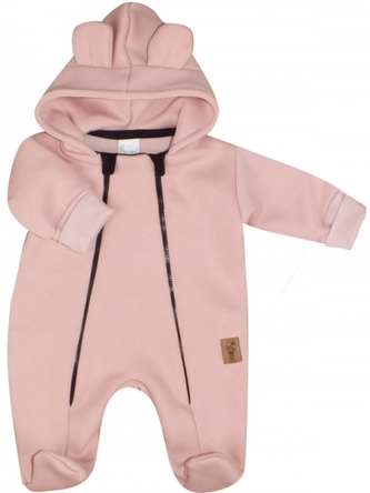 Oteplený dětský overálek se šlapkama a kapucí, Kazum, pudrový, vel. 86; 86 (12-18m)