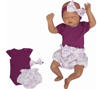 Z&Z 3-dílná sada body kr. rukáv, kraťásky, čelenka s mašlí - fialová, bílá, vel. 86; 86 (12-18m)