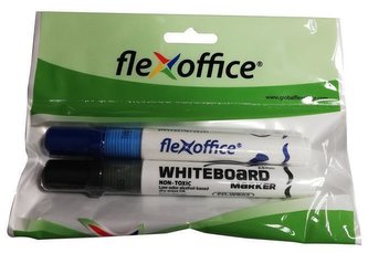 Popisovač na bílou tabuli "WB02", modrá, černá, 2,5mm, kuželový hrot, 2 ks, blistr, FLEXOFFICE
