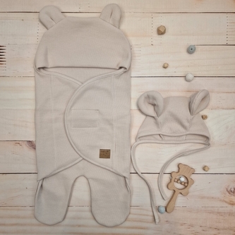 Univerzální zavinovačka, zavinovací deka + čepička, Medvídek, bavlna, šedá, 56/62; 56/62 (0-3m)