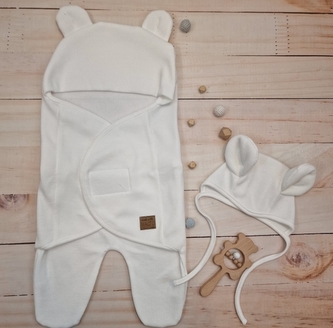 Univerzální zavinovačka, zavinovací deka + čepička, Medvídek, bavlna, bílá, 56/62; 56/62 (0-3m)