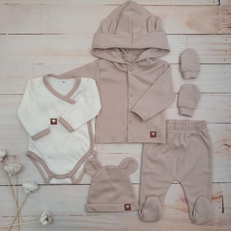 Sada do porodnice 5D, body, polodupačky, kabátek, čepička, rukavičky, béžová; 50 (0-1m)