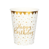 Papírové kelímky bílé se zlatými hvězdami Happy Birthday 270 ml - 10 ks