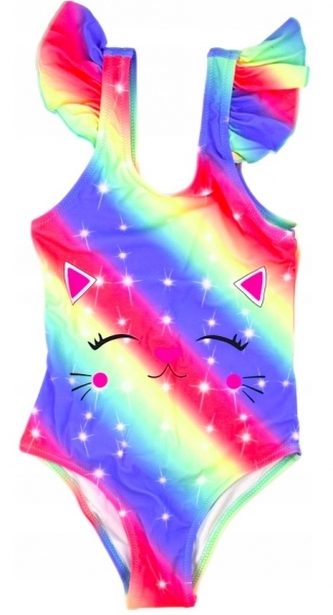 Dívčí jednodílné plavky s volánky - Noviti, Kočička, duhové; 92/98 (18-36m)