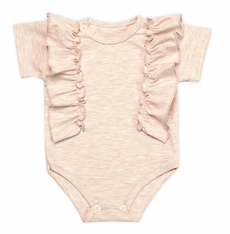 Body kr. rukáv s volánkem, bavlna, zapínání vzadu, Emily Mrofi, béžový melírek, vel. 68; 68 (3-6m)