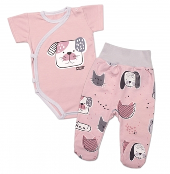 Body kr. rukáv zap. bokem + polodupačky Pejsek a Kočička Mrofi, růžová/šedá; 56 (1-2m)