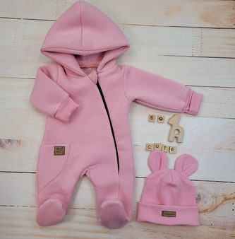 Oteplený dětský overal se šlapkama a kapucí + čepička, 2D, Kazum, růžový, vel. 62; 62 (2-3m)