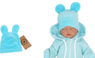 Z&Z Velurová, semišková čepička s oušky Teddy, tyrkys, vel. 68/74; 68/74 (6-9m)
