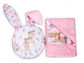 Baby Nellys 2-dílná sada do kočárku s minky s oušky - Srnka a růže, růžová