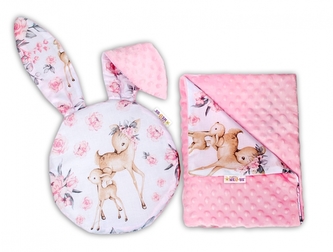 Baby Nellys 2-dílná sada do kočárku s minky s oušky - Srnka a růže, růžová Baby Nellys 2-dílná sada do kočárku s minky s oušky - Srnka a růže, růžová