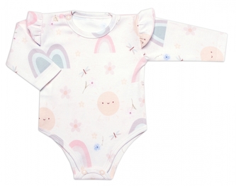 Body dl. rukáv s volánkem, bavlna, zapínání u krku Mrofi, Rainbow - bílé, vel. 68; 68 (3-6m)