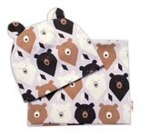 Dvouvrstvá čepice s oušky + komínek Medvědi, hnědá/smetanová; 62-74 (3-9m)