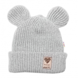 Pletená bavlněná čepice s oušky, dvouvrstvá, Hand Made Baby Nellys, šedá, vel. 80/86; 80/86 (12-18m)