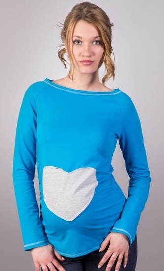 Be MaaMaa Těhotenské triko/halenka SRDCE dl. rukáv - modré, XL/XXXL; XL/XXXL