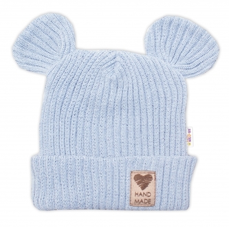 Pletená bavlněná čepice s oušky, dvouvrstvá, Hand Made Baby Nellys, modrá, vel. 68/74; 68/74 (6-9m)