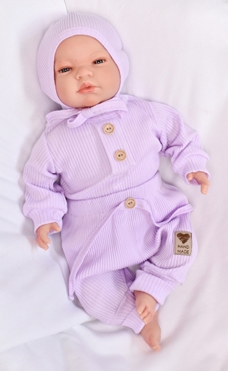 Baby Nellys 3-dílná žebrovaná soupr. Hand Made, body, tepláčky a čepička, lila; 56 (1-2m)