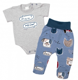 Body kr. rukáv zap. u krku +polodupačky Pejsek a Kočička Mrofi, šedá/modrá; 68 (3-6m)
