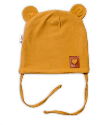 Baby Nellys Bavlněná dvouvrstvá čepice s oušky na zavazování TEDDY - hořčicová, 80/86; 80/86 (12-18m)