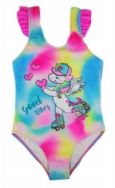 Dívčí jednodílné plavky - Noviti, Jednorožec Good Vibes, neon; 92/98 (18-36m)