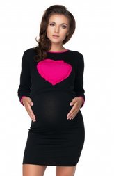 Těhotenská, kojící noční košile srdce, dl. rukáv - černá, vel. XXL, Be MaaMaa; XXL (44)