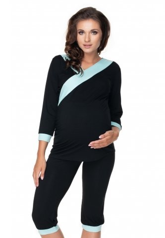 Be MaaMaa Těhotenské, kojící pyžamo 3/4 - černé, zelené lemování, vel. L/XL