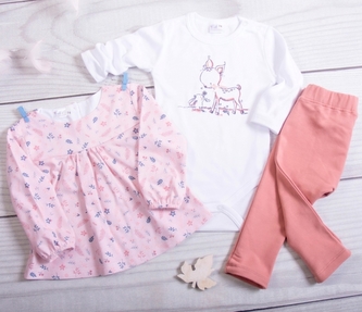 K-Baby 3-dílná sada, 1x body dl. rukáv, tunika, legíny - Bambi, růžová, koral
