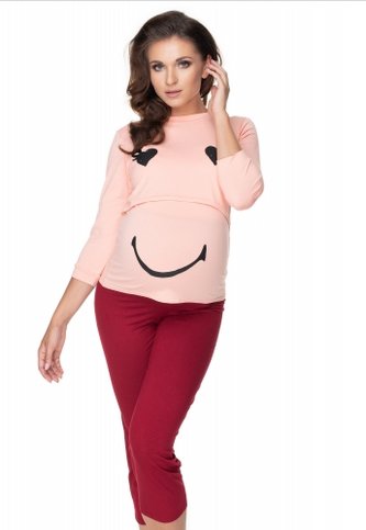 Be MaaMaa Těhotenské, kojící pyžamo 3/4 s dl. rukávem - růžovo/bordo, L/XL
