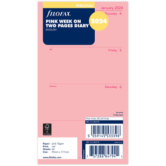 Filofax, Kalendář 2024 osobní, týden/2 strany, růžová, AJ