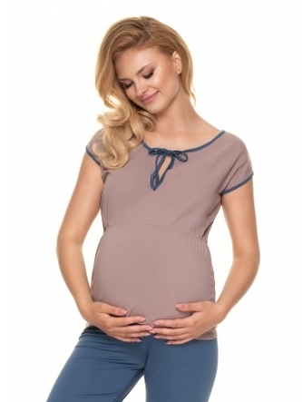 Be MaaMaa Těhotenské, kojící pyžamo s kr. rukávem - cappuccino/jeans, vel. XXL; XXL (44)