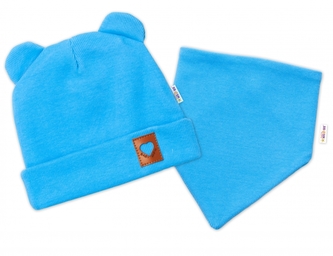Baby Nellys Žebrovaná dvouvrstvá čepice s oušky + šátek TEDDY - modrá, vel. 92/98; 92/98 (18-36m)