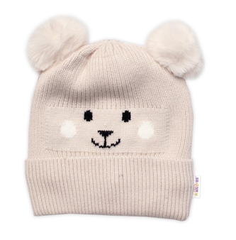 Dvouvrstvá zimní čepice a chlupáčkové bambulky, Baby Nellys - béžová, vel. 46-50 cm; 80-92 (12-24m)