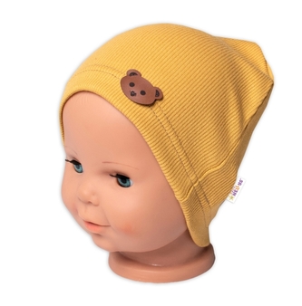 Baby Nellys Žebrovaná čepice Medvídek - hořčicová, vel. 92/98; 92/98 (18-36m)