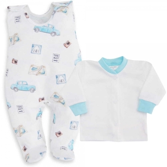 Bavlněné dupačky s košilkou Mrofi, 2D sada, Blue car - modrá; 56 (1-2m)