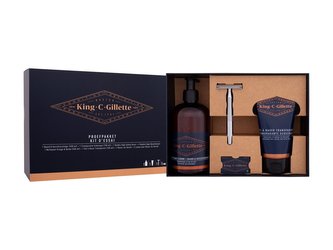 Gillette King C. holicí strojek s jednou hlavicí Double Edge Safety Razor 1 ks + náhradní holicí hlavice Double Edge Safety Razor Blades 5 ks + mýdlo na vousy a obličej Beard & Face Wash 350 ml + gel na holení Transparent Shave Gel 150 ml