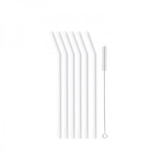 Vialli Design Skleněné brčko bílé, zahnuté 230 mm, 6 ks + kartáček, 6643