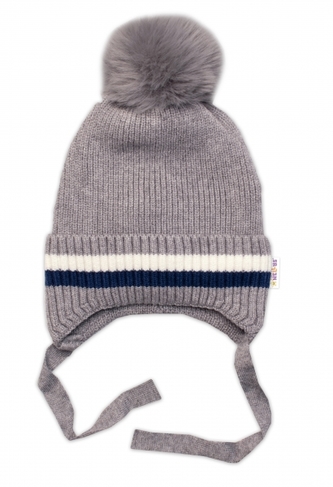 Dvouvrstvá zimní čepice s bambulí na zavazování, Baby Nellys - šedá, vel. 42-44 cm; 68/74 (6-9m)